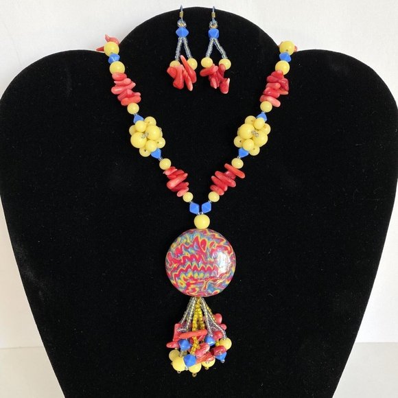 DietzJewels Jewelry - DietzJewels Mokume Gane Polymer Pendant Coral Vintage Glass Necklace Earring Set